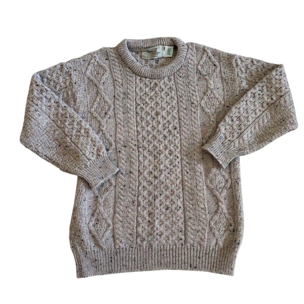 Aran Sweater Fisherman Wool Cable Knit Sweater Tan Donegal Fleck Ireland Medium